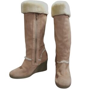Melrose Ave Aspen Tall Suede Faux Shearling Wedge Zip Up Boots Tan/Cream Size 7